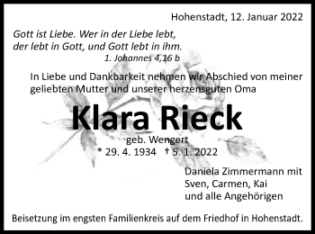 Traueranzeige von Klara Rieck von Schwäbische Post