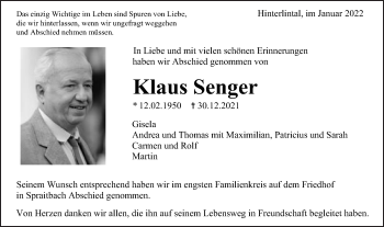 Traueranzeige von Klaus Senger von Gmünder Tagespost