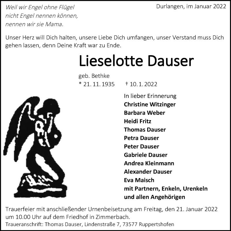  Traueranzeige für Lieselotte Dauser vom 15.01.2022 aus Gmünder Tagespost