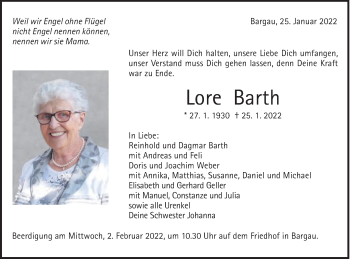 Traueranzeige von Lore Barth von Gmünder Tagespost