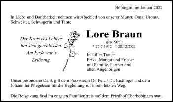 Traueranzeige von Lore Braun von Gmünder Tagespost