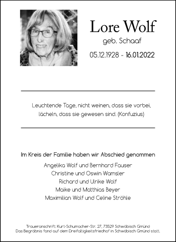 Traueranzeige von Lore Wolf von Gmünder Tagespost