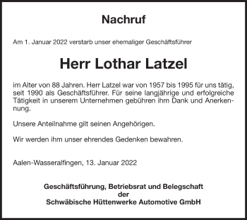 Traueranzeige von Lothar Latzel von Schwäbische Post