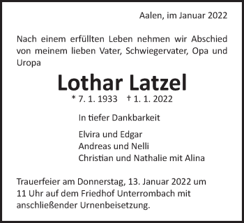 Traueranzeige von Lothar Latzel von Schwäbische Post