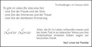 Traueranzeige von Luise Linse von Schwäbische Post