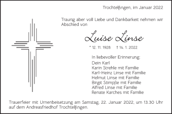 Traueranzeige von Luise Linse von Schwäbische Post