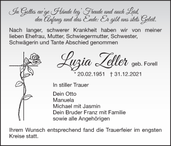 Traueranzeige von Luzia Zeller von Schwäbische Post