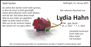 Traueranzeige von Lydia Hahn von Schwäbische Post