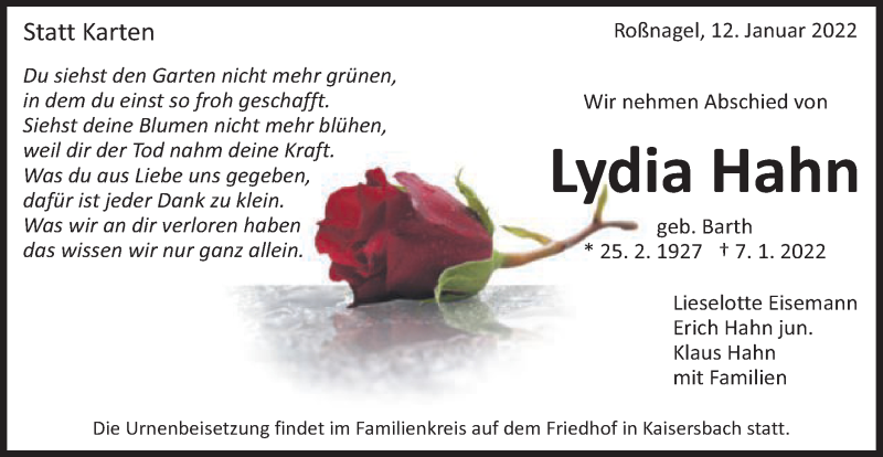  Traueranzeige für Lydia Hahn vom 12.01.2022 aus Schwäbische Post