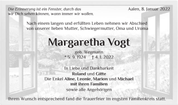 Traueranzeige von Margaretha Vogt von Schwäbische Post