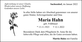 Traueranzeige von Maria Hahn von Gmünder Tagespost