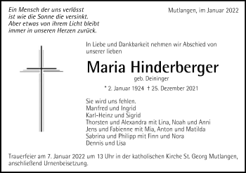 Traueranzeige von Maria Hinderberger von Gmünder Tagespost
