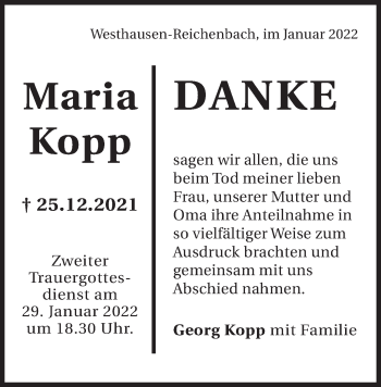 Traueranzeige von Maria Kopp von Schwäbische Post