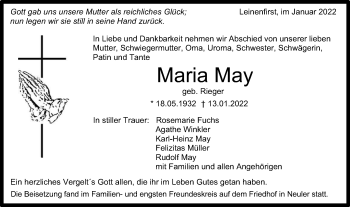 Traueranzeige von Maria May von Schwäbische Post