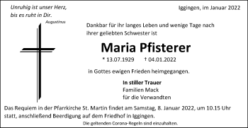 Traueranzeige von Maria Pfisterer von Gmünder Tagespost