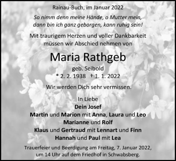 Traueranzeige von Maria Rathgeb von Schwäbische Post