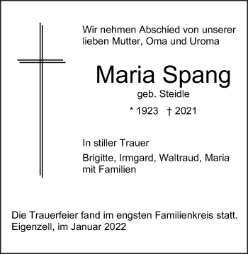 Traueranzeige von Maria Spang von Schwäbische Post