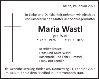 Traueranzeige von Maria Wastl von Schwäbische Post
