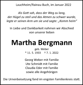 Traueranzeige von Martha Bergmann von Schwäbische Post