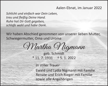 Traueranzeige von Martha Nigmann von Schwäbische Post