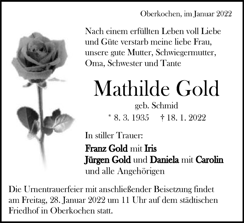  Traueranzeige für Mathilde Gold vom 25.01.2022 aus Schwäbische Post