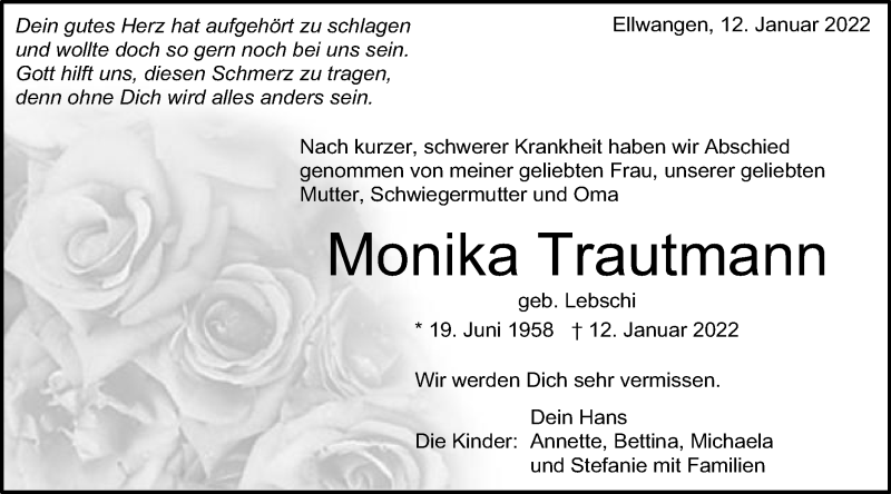  Traueranzeige für Monika Trautmann vom 22.01.2022 aus Schwäbische Post