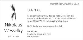 Traueranzeige von Nikolaus Wesselky von Bopfinger Stadtanzeiger