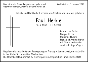 Traueranzeige von Paul Herkle von Gmünder Tagespost