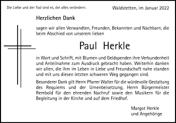 Traueranzeige von Paul Herkle von Gmünder Tagespost