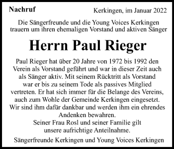 Traueranzeige von Paul Rieger von Schwäbische Post