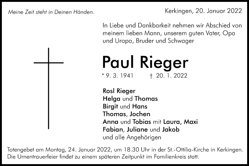  Traueranzeige für Paul Rieger vom 22.01.2022 aus Schwäbische Post