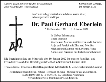 Traueranzeige von Paul Gerhard Eberlein von Gmünder Tagespost