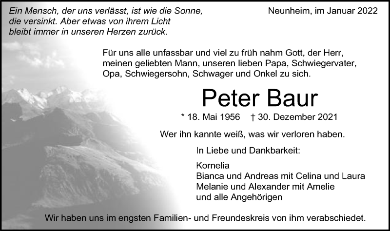  Traueranzeige für Peter Baur vom 20.01.2022 aus Schwäbische Post