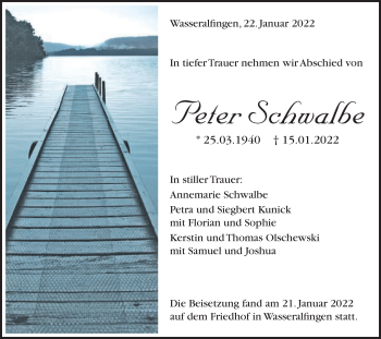 Traueranzeige von Peter Schwalbe von Schwäbische Post