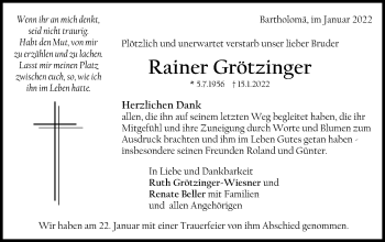 Traueranzeige von Rainer Grötzinger von Gmünder Tagespost