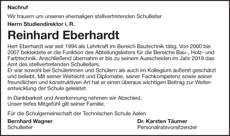  Traueranzeige für Reinhard Eberhardt vom 20.01.2022 aus Schwäbische Post