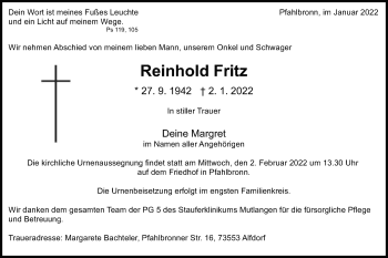 Traueranzeige von Reinhold Fritz von Gmünder Tagespost