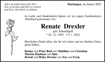 Traueranzeige von Renate Drexler von Gmünder Tagespost