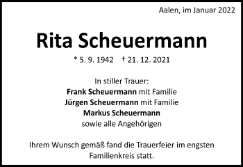 Traueranzeige von Rita Scheuermann von Schwäbische Post