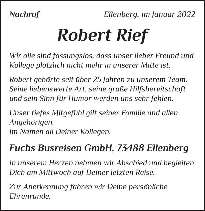  Traueranzeige für Robert Rief vom 22.01.2022 aus Schwäbische Post