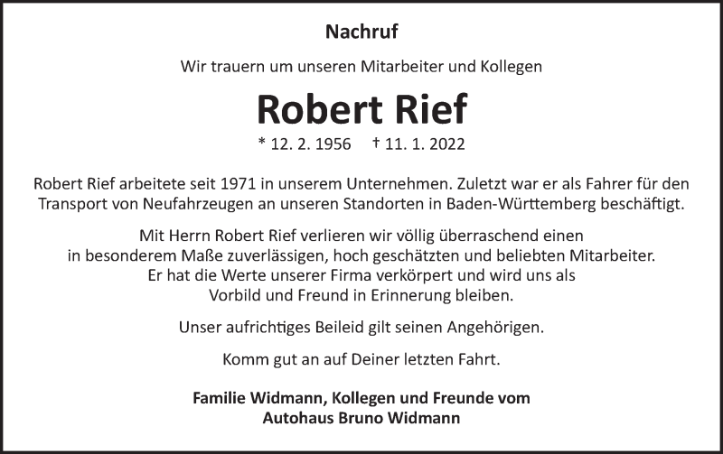  Traueranzeige für Robert Rief vom 24.01.2022 aus Schwäbische Post