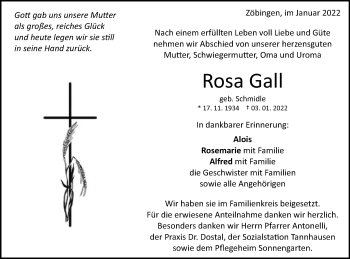 Traueranzeige von Rosa Gall  von Schwäbische Post