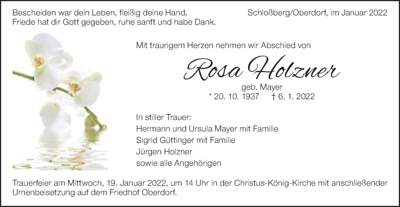  Traueranzeige für Rosa Holzner vom 15.01.2022 aus Schwäbische Post