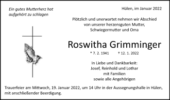 Traueranzeige von Roswitha Grimminger von Schwäbische Post