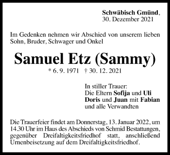Traueranzeige von Samuel Etz von Gmünder Tagespost
