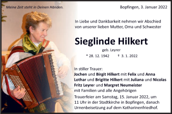 Traueranzeige von Sieglinde Hilkert von Schwäbische Post
