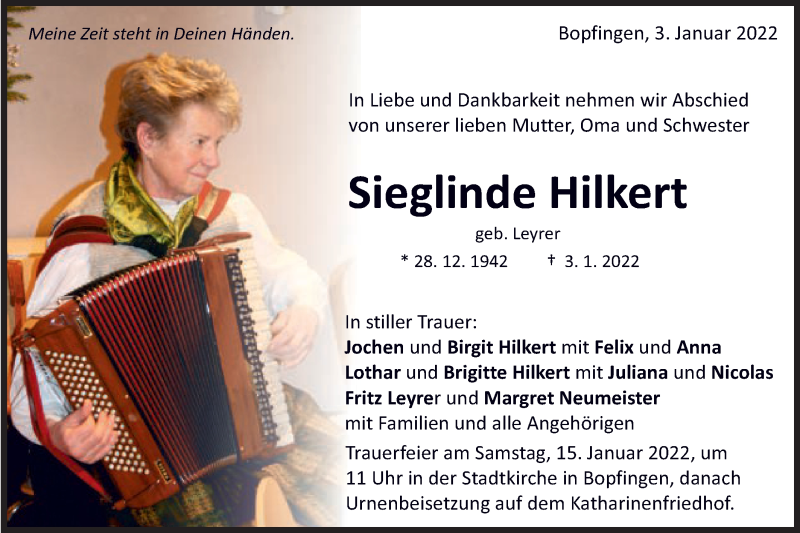  Traueranzeige für Sieglinde Hilkert vom 12.01.2022 aus Schwäbische Post