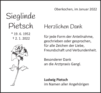 Traueranzeige von Sieglinde Pietsch von Amtsblatt_Oko