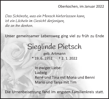 Traueranzeige von Sieglinde Pietsch von Amtsblatt_Oko