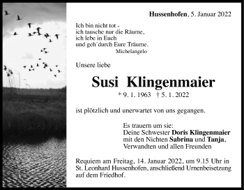 Traueranzeige von Susi Klingenmaier von Gmünder Tagespost